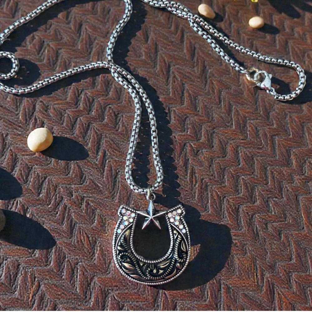 Silver and Gold Toned Horseshoe Necklace with Star Accent on a 24” chain - Picture 16 of 17